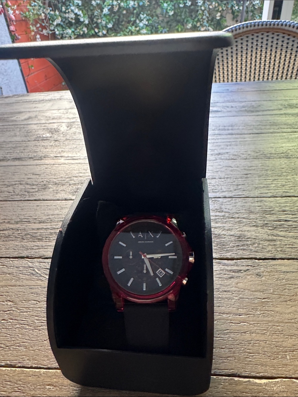 Armani Exchange Men's Black Dial Watch with Red Case and Black Strap